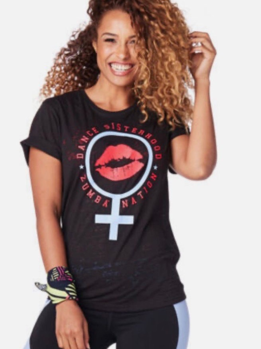Zumba Sisterhood Crew Neck Top Black S Athletic Short Sleeve Graphic Print